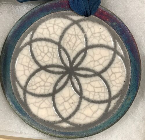handcrafted & signed NEW ON SALE Raku Flower of Life Ornament 3" dia. 