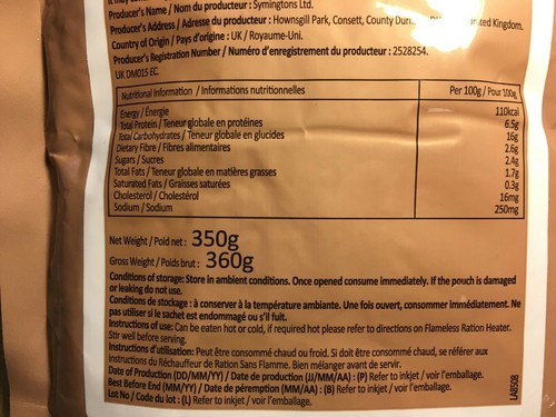 Un poulet /& Pâtes Ration Pack aliments Halal sachet Army Surplus 350 G EXP nov 2020