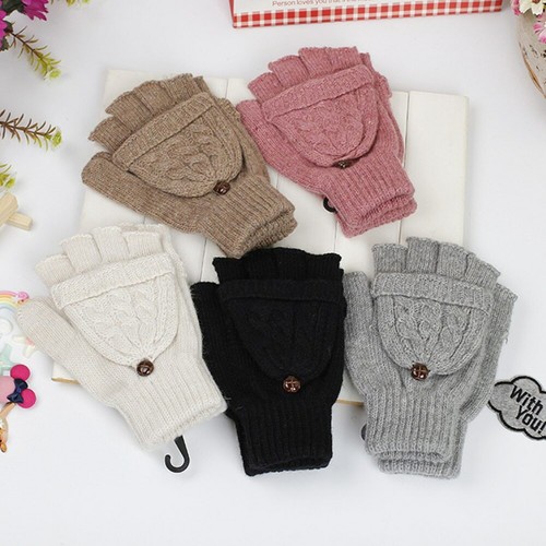 Women Woolen Winter Warm Fingerless Gloves With Mitten Flap Cover Cable Knitted