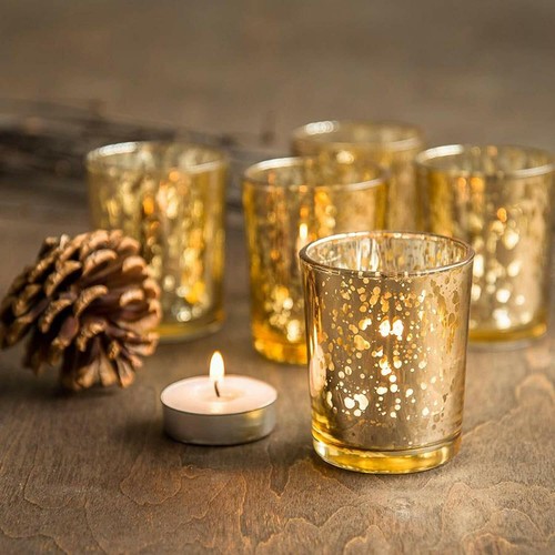 Set of 6 Golden Mercury Votive Glass Tealight Candle Holders Lighting Decoration
