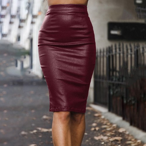 Women PU Leather High Waist Knee Pencil Bodycon Stretch Midi Skirt Party Dress