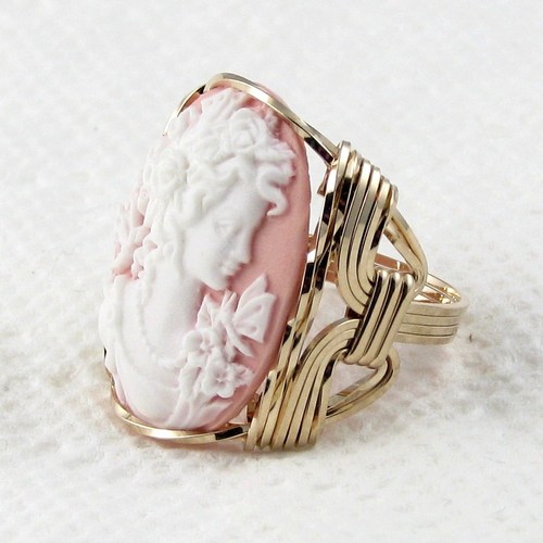 Grecian Goddess Butterfly Pink Cameo Ring 14K Rolled Gold Jewelry Resin Any Size