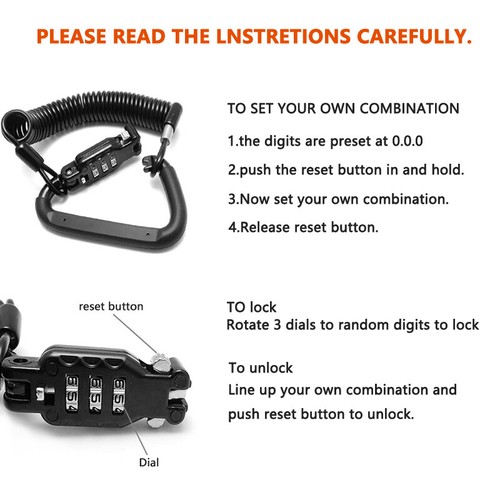 Universal For Motorcycle Helmet Lock Combination Lock with T-Bar Black