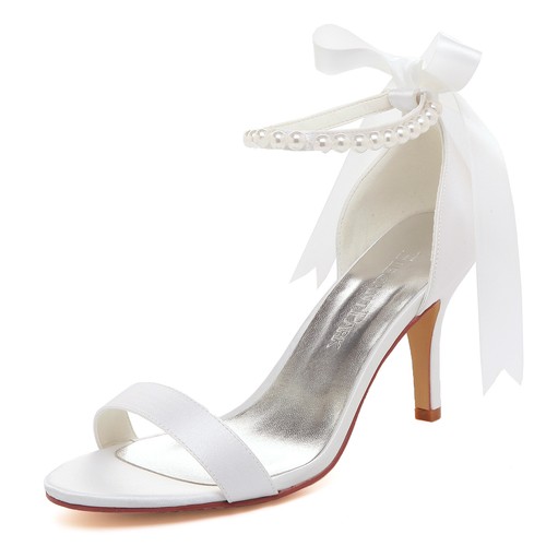 EP11053N High Heel Ribbon Tie Pearls Strap Satin Bridal Wedding Sandals US 4-11