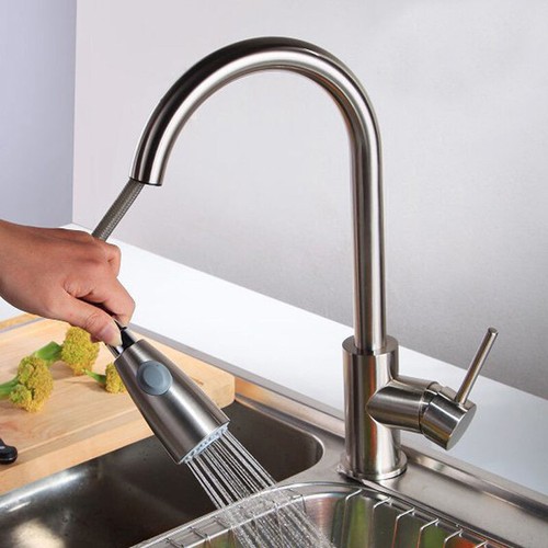 Kitchen Brushed Nickel Sink Faucet Pull Out Sprayer Single Hole Swivel Mixer Tap