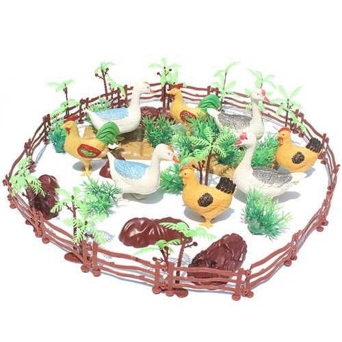55 pcs Wild Forest Farm Animal Figures Poultry Duck Chicken Models Fence Toy
