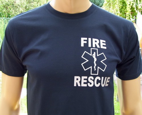 FIRE RESCUE S bis 4XL Star of Life T-Shirt in marineblau//Motiv silberreflex