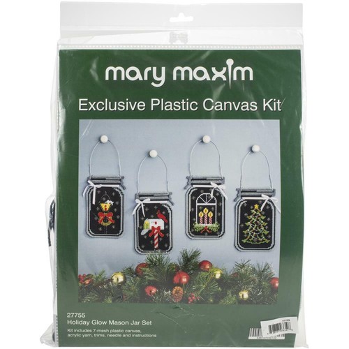 Mary Maxim PLASTIC CANVAS KIT Christmas HOLIDAY GLOW Mason Jar Set of 4 Complete