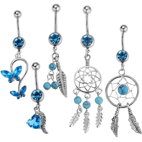 5 Piece Rhinestone Dreamcatcher Butterfly Leaf Heart Belly Bar Navel Ring