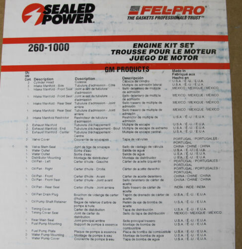 Fel Pro 260-1000 Small Block Chevy Overhaul Gasket Kit 55-79 283 327 350 SBC