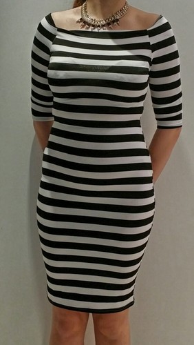 New Celeb Style Ladies Half Sleeve Stripe Bodycon Stretch Party Dress Black