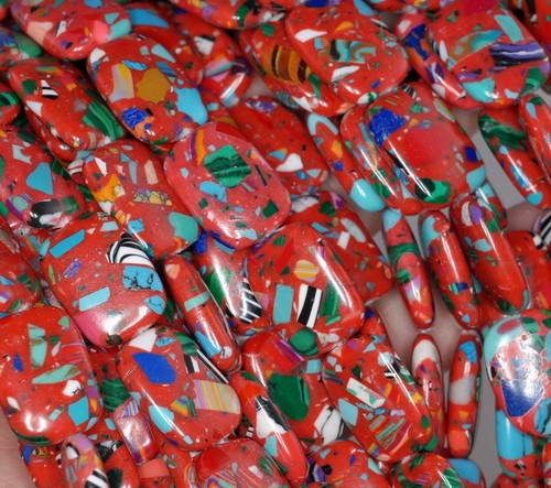 MATRIX TURQUOISE GEMSTONE RED MOSAIC RECTANGLE 18X13MM LOOSE BEADS 7/"