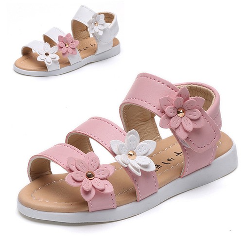 Kids Girls Ankle Strap Flower Beach Sandals Comfy Soft Leather Flat Casual Shoes