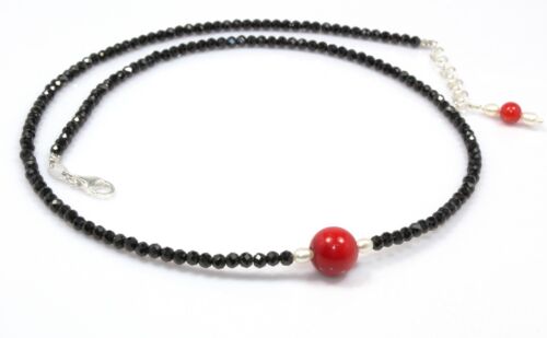 Black Spinel /& Coral Necklace Sterling Silver 3 mm 16/" 18/" St Patricks Day 811