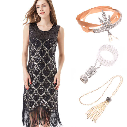 Ladies Black Deluxe 20s Roaring 1920s Flapper Costume Sequin Pearls Fancy Dress