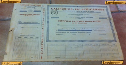 Californie-Palace-Cannes Certificat d/'Actions Nominatives de 100 Francs l/'une