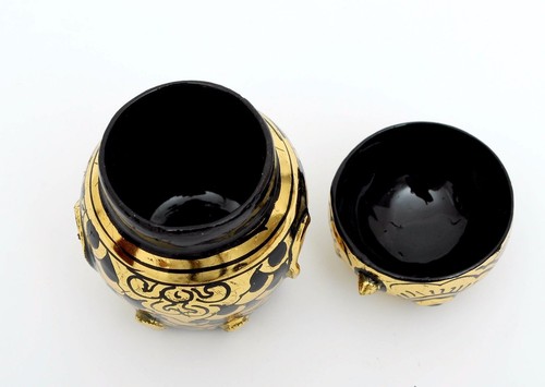 Burmese Lacquer Owl Jewelry Box Myanmar Lacquerware Black and Real Gold 24K Leaf