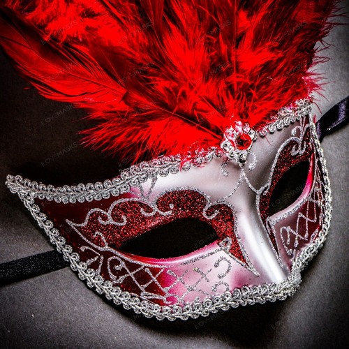 Venetian Silver Red Masquerade Mask Show Girl Ostrich Feather Eye Mask Costume