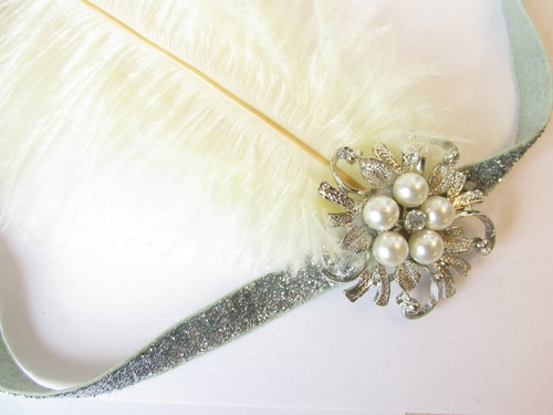 Ivory Cream Silver Ostrich Feather Flapper Headpiece 1920s Vintage Headband O57