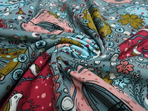 Stoff Baumwolle Jersey Vögel Blumen Bubbles grau rot türkis altrosa bunt