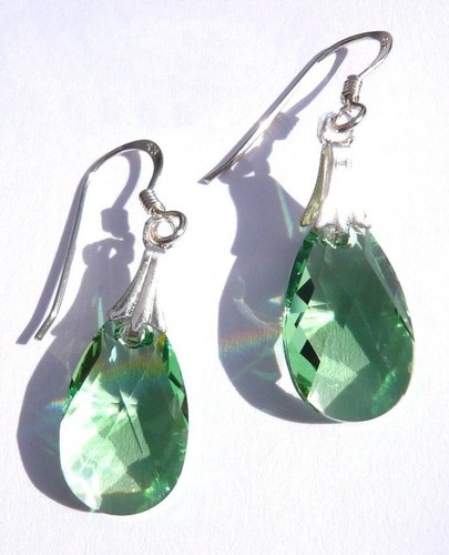 Sterling Silver Peridot Green Pear Teardrop Crystal Earrings Swarovski Elements