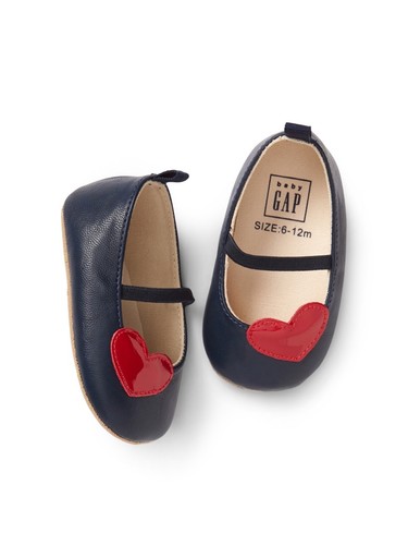 GAP Baby Girl Size 6-12 Months Navy Red Heart Valentine Mary Jane Flats Shoes