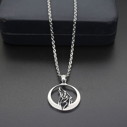 Howling Wolf Stainless Steel Necklace Pendant Wolf Howls Silver Moon Night Wolf
