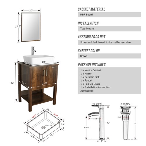 24/" Bathroom Vanity Cabinet W// Mirror Rectangl Ceramic Sink Faucet Combo Brown