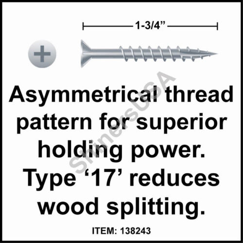 4000 8x1-3//4 Phillips Flat Head w//Nibs 17 Zinc Woodworking Screw #138243