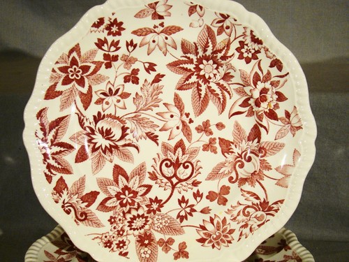 Antique Copeland Spode Red Transfer Flowers Pattern Dinner Plates 10/" c1925-1926