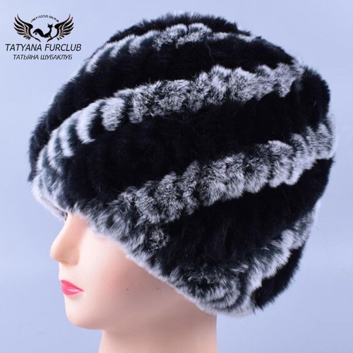 Fur Hat For Women Natural Rabbit Beanies Genuine Warm Winter Cap Knitted Pom Pom