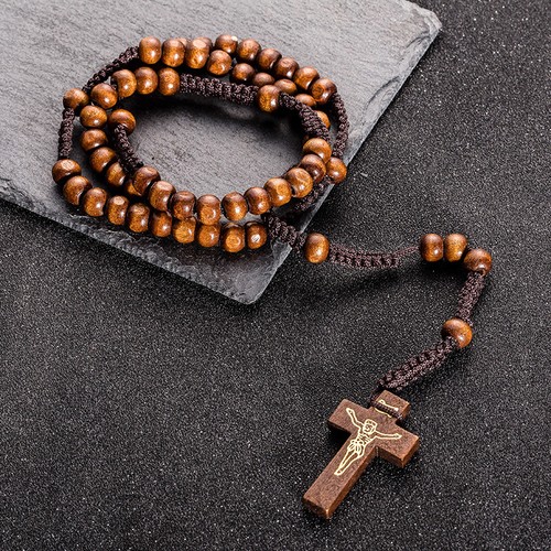 Mens Womens Black Brown Wood Rosary Bead Beads Necklace Cross High Quality UK