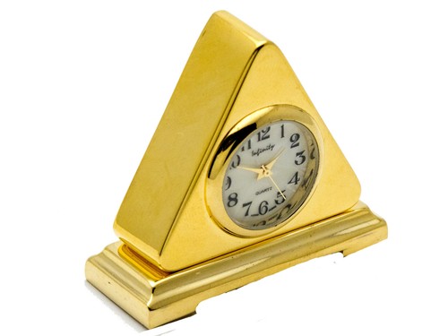 INFINITY GOLD TONE TRIANGLE MANTEL STYLE COLLECTABLE ANALOG QUARTZ MINI-CLOCK