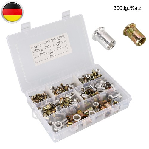 300X Stahl Nietmutter-Sortiment Box Blindnietmuttern Satz Einnietmuttern Set DE