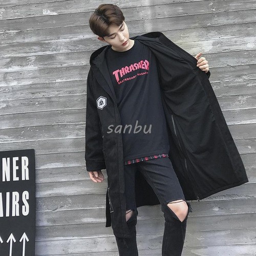 Men/'s Punk Style Cotton Hip Hop Hooded Jacket Long Sleeve Cape Knee Length Coats