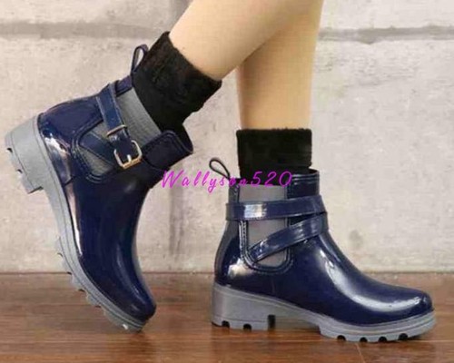 Women/'s Rain Boots Rubber Sole buckle strap Design Short Waterproof Shoes
