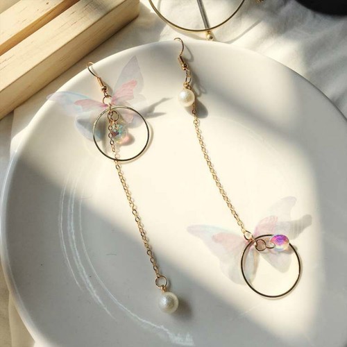 Korean Retro Asymmetric Butterfly Imitation Pearl Alloy Earrings Long Section Of
