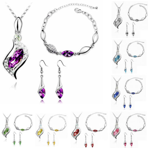 Fashion Silver Plated Crystal CZ Pendant Necklace Earrings Bracelet Jewelry Set