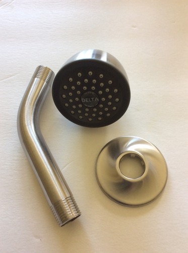 New Delta brushed nickel showerhead w// shower arm and escutcheon new in package