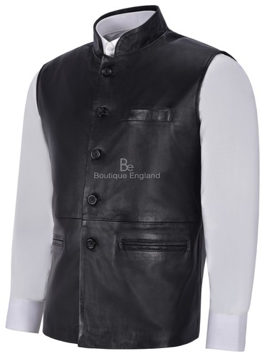 Men/'s Leather Waistcoat Black Mandarin Collar Indian Ethnic Vest Real Napa 3946