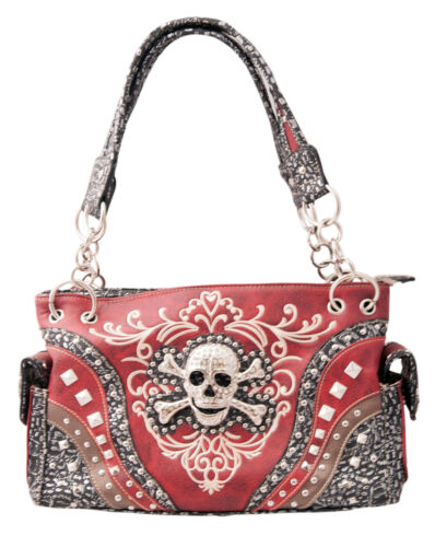 Skull Handbag Embroidered Rhinestones Shoulder Purse Concealed Carry Western Bag
