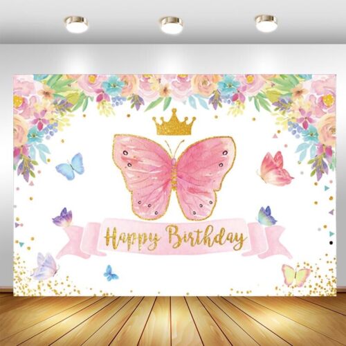Pink Butterfly Backdrop Girls Birthday Party Princess Crown Photo Background 
