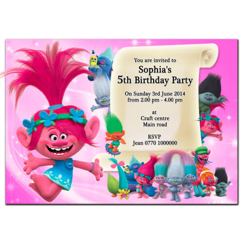 i74 Trolls; Personalised Invitations or Thank you cards; can be made for any age