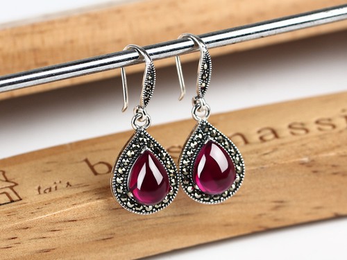 925 Silver Black Chalcedony Ruby Drops Temperament Earrings Fashion Women