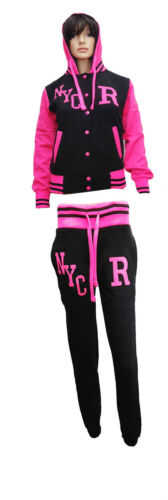 Womens Ladies NYC Varsity Baseball Hoodie Hood Jacket Top Jogger Pant Tracksuit