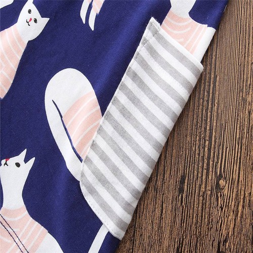 UK Kids Girls Cotton Casual Dress Long Sleeves Cat Print Cartoon Dresses Clothes
