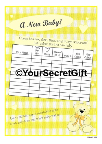 2x Guess the Sex//Weight//Date//Time//Eyes//Hair sheets A New Baby Shower Game
