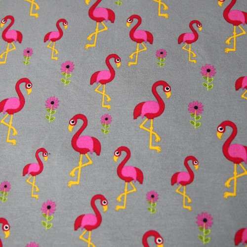 Jersey Stoff Flamingo Fuchsia Rot auf Grau mit Blumen Vögel Flamingos