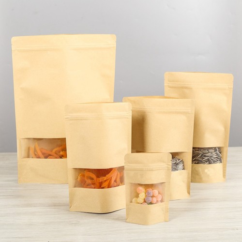 Stand Up Kraft Paper Bags Ziplock Resealable Food Pouch Gift With Clear Window