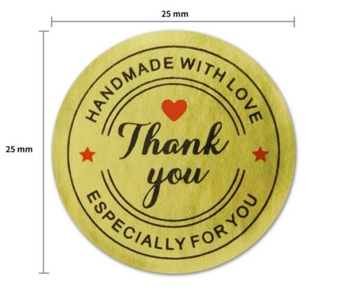 Gold Sticky labels /"fait à la main merci/" Cadeau Craft Autocollants Étiquette Seals 2.5 cm